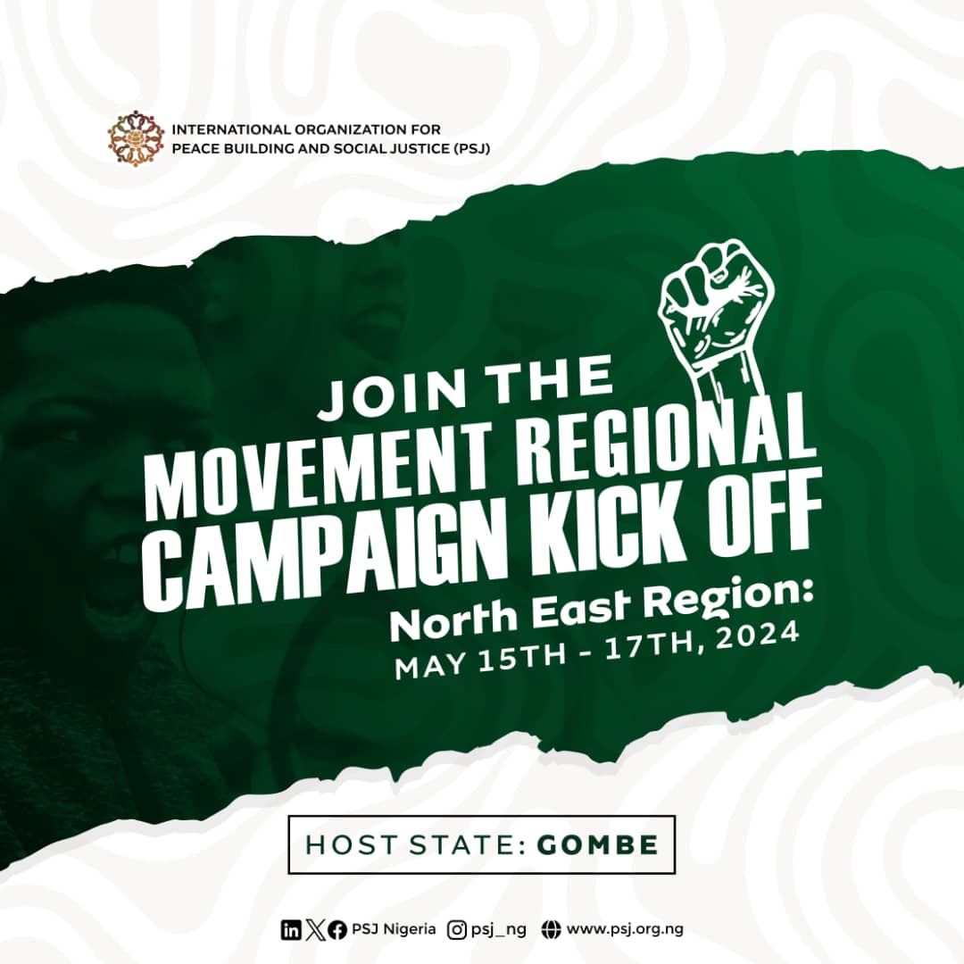 We go again!

JOIN THE MOVEMENT REGIONAL CAMPAIGN

Host State: Gombe
North East Region

Date: May 15th - 17th, 2024

#PSJNG #jointhemovement #jointhemovementpsj #psjregionalcampaign #ANewNigeria