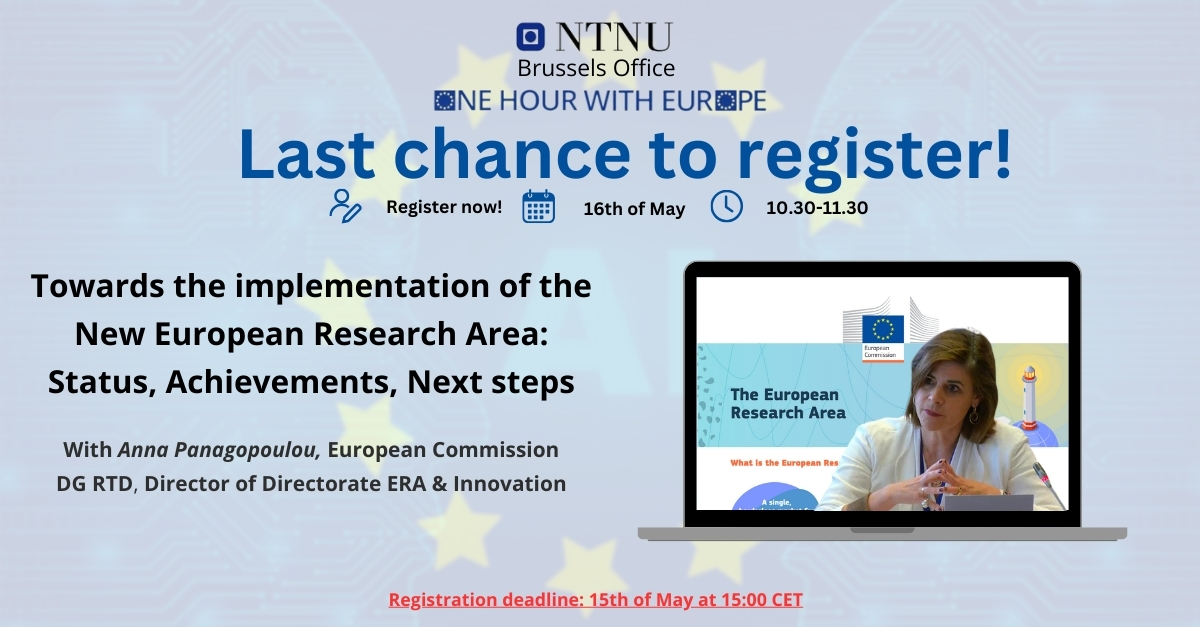 Massimo Busuoli (@massimobusuoli) on Twitter photo Do not miss the chance to be updated about the status of implementation of the New ERA!
This new edition of <a href="/NTNUbrussels/">NTNU Brussels</a> One Hour With Europe will have the participation of <a href="/A_Panagopoulou/">Anna Panagopoulou</a> from the <a href="/EU_Commission/">European Commission</a> DG RTD.
Register before 15.00 today: lnkd.in/dEQuqc3v Do not miss the chance to be updated about the status of implementation of the New ERA!
This new edition of <a href="/NTNUbrussels/">NTNU Brussels</a> One Hour With Europe will have the participation of <a href="/A_Panagopoulou/">Anna Panagopoulou</a> from the <a href="/EU_Commission/">European Commission</a> DG RTD.
Register before 15.00 today: lnkd.in/dEQuqc3v
