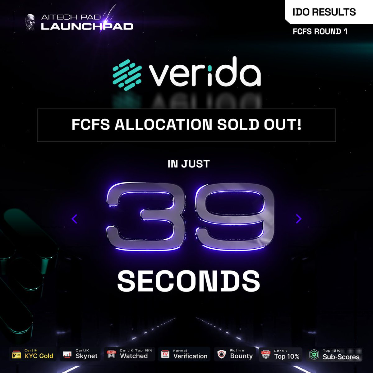 🔥 FCFS: SOLD OUT IN 39 SECONDS!

🌟 Verida FCFS on AITECH Pad sells out in 39 seconds.

📈 Public Round
🏦 Allocation $150,000
🔗 aitechpad.io/project/verida…