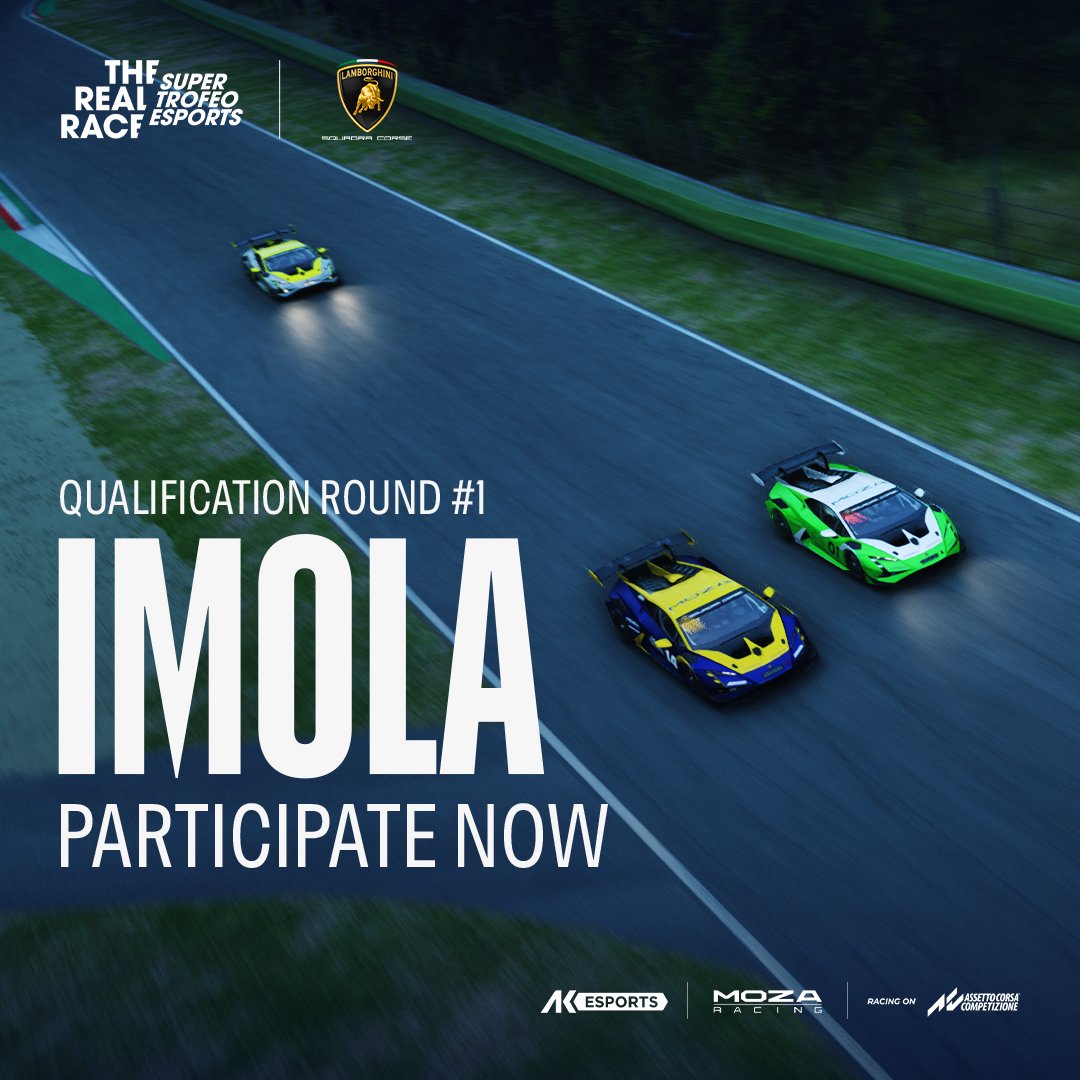 5️⃣ days left until the end of the first Hotstint of The Real Race - Super Trofeo Esports at the stunning Imola track 🇮🇹 Register now on esports.lamborghini Racing on @AC_assettocorsa Competizione @Lamborghini - @LamborghiniSC - @moza_racing #Lamborghini