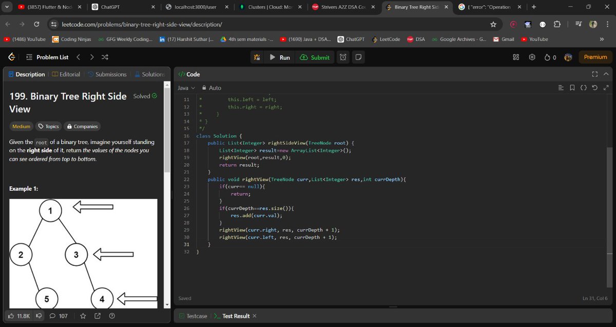 Day 8 of #100DaysOfCode
✅ Revising Java core and DSA concepts
✅ Solve @LeetCode question
(Binary Tree Right Side View)
✅ Work on project using flutter
(Amazon Clone) 
#java #LearnInPublic
#letsconnect #backend
#developer #coding
#developers
#resume #leetcode #codinglife