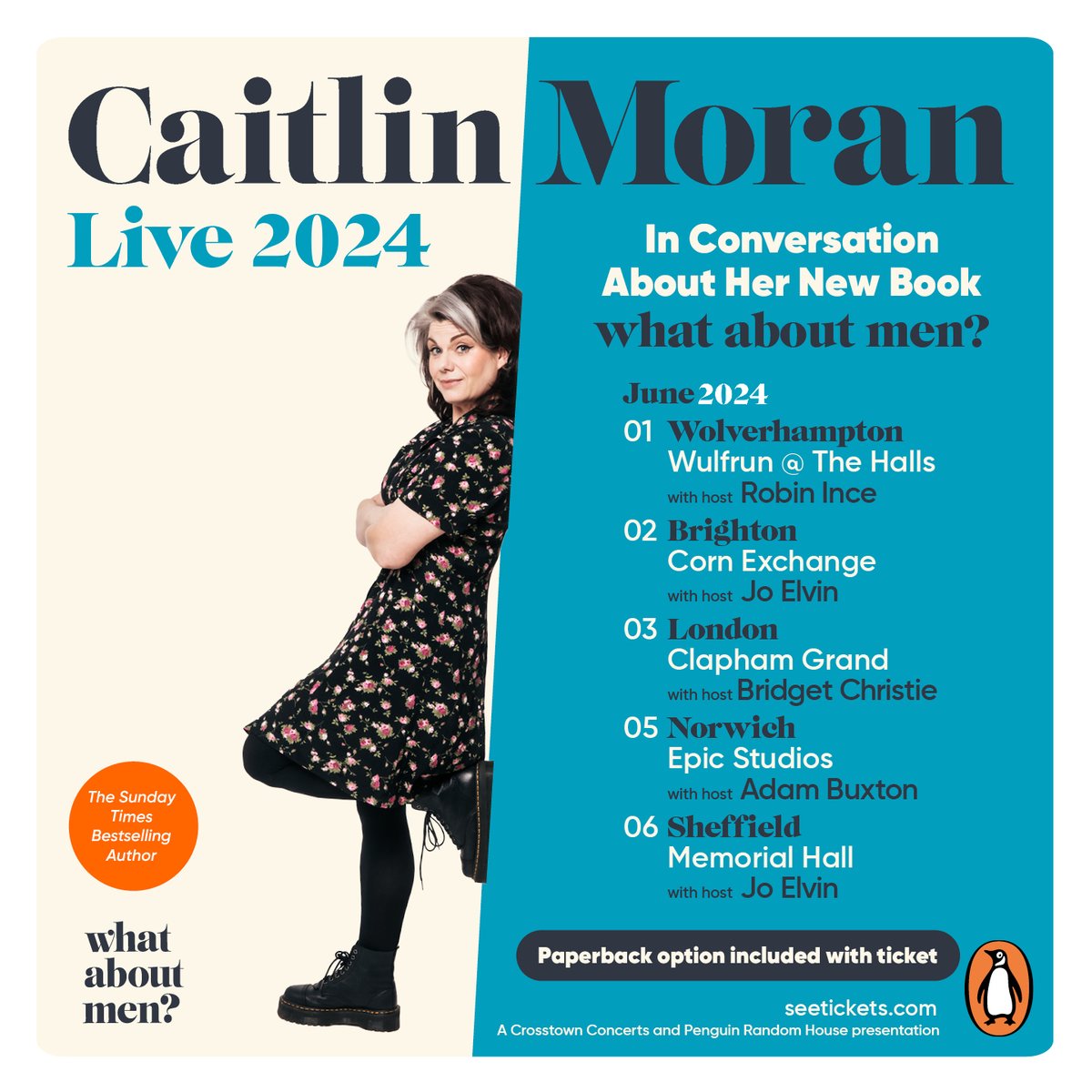 Hosts Robin Ince, Jo Elvin, Bridget Christie and Adam Buxton join @caitlinmoran on her book tour this June. Tickets are on sale here: crosstownconcerts.seetickets.com/search?q=caitl…