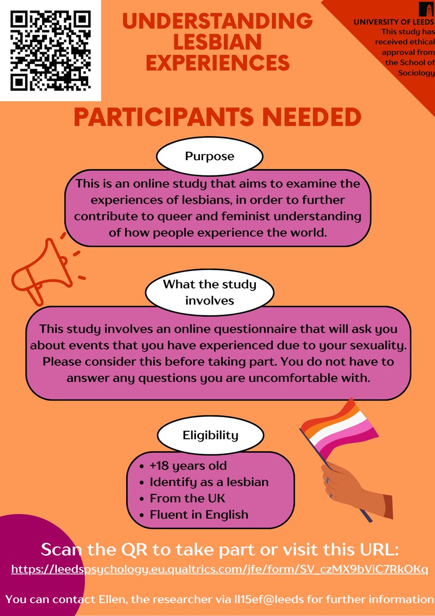 📣RECRUITING📣
I’m looking for people to take part in a questionnaire concerning lesbian experiences. Please see the details below and share with anyone who may be interested. 

leedspsychology.eu.qualtrics.com/jfe/form/SV_cz…