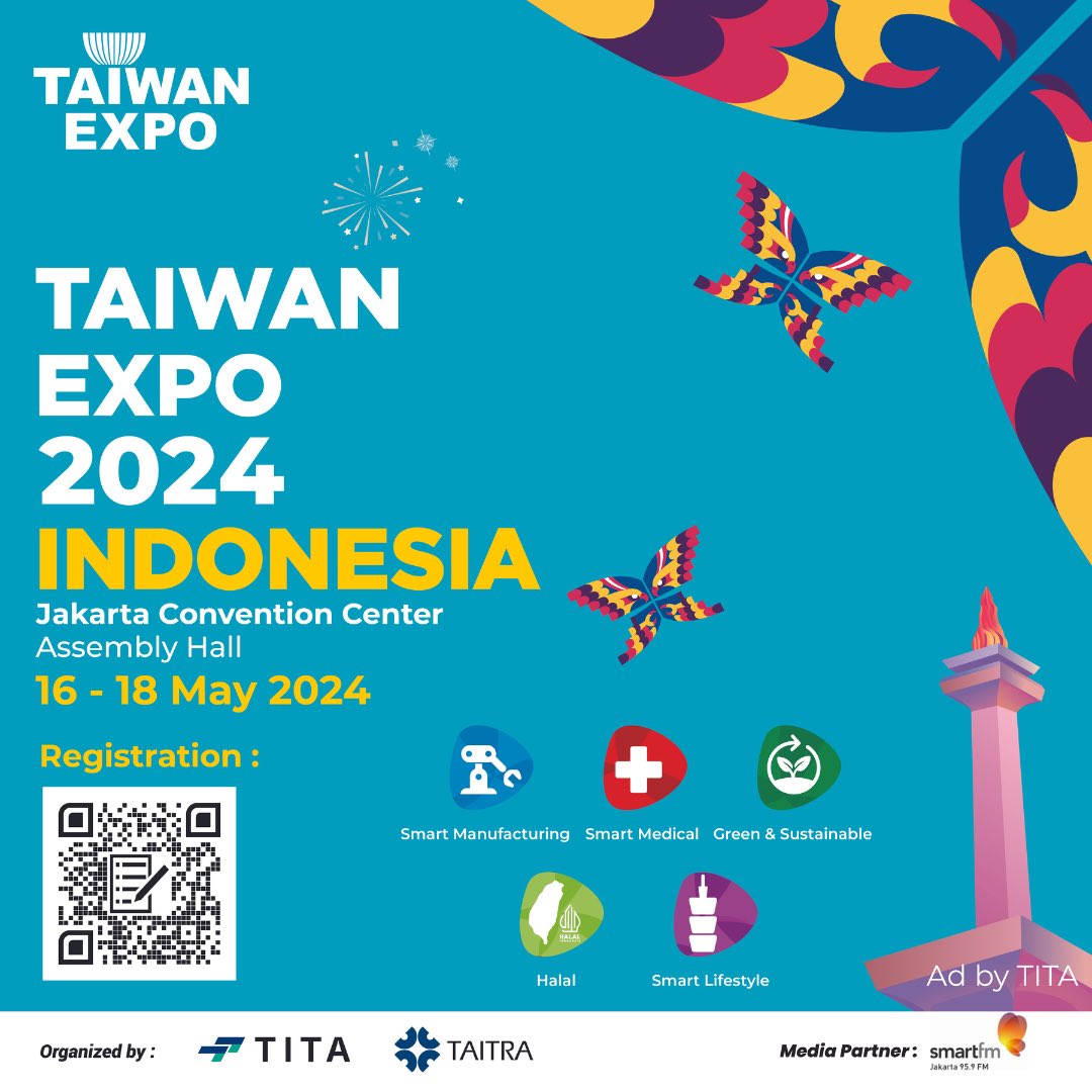 KUNJUNGI TAIWAN EXPO 2024 IN INDONESIA 🗓Tanggal : 16-18 May 2024 🕙Waktu : 10.00 - 18.00 WIB 📍Lokasi : Assembly Hall, Jakarta Convention Center (JCC) Untuk info lebih lanjut, cek Instagram @taiwanexpo.id Looking forward to see you!✨