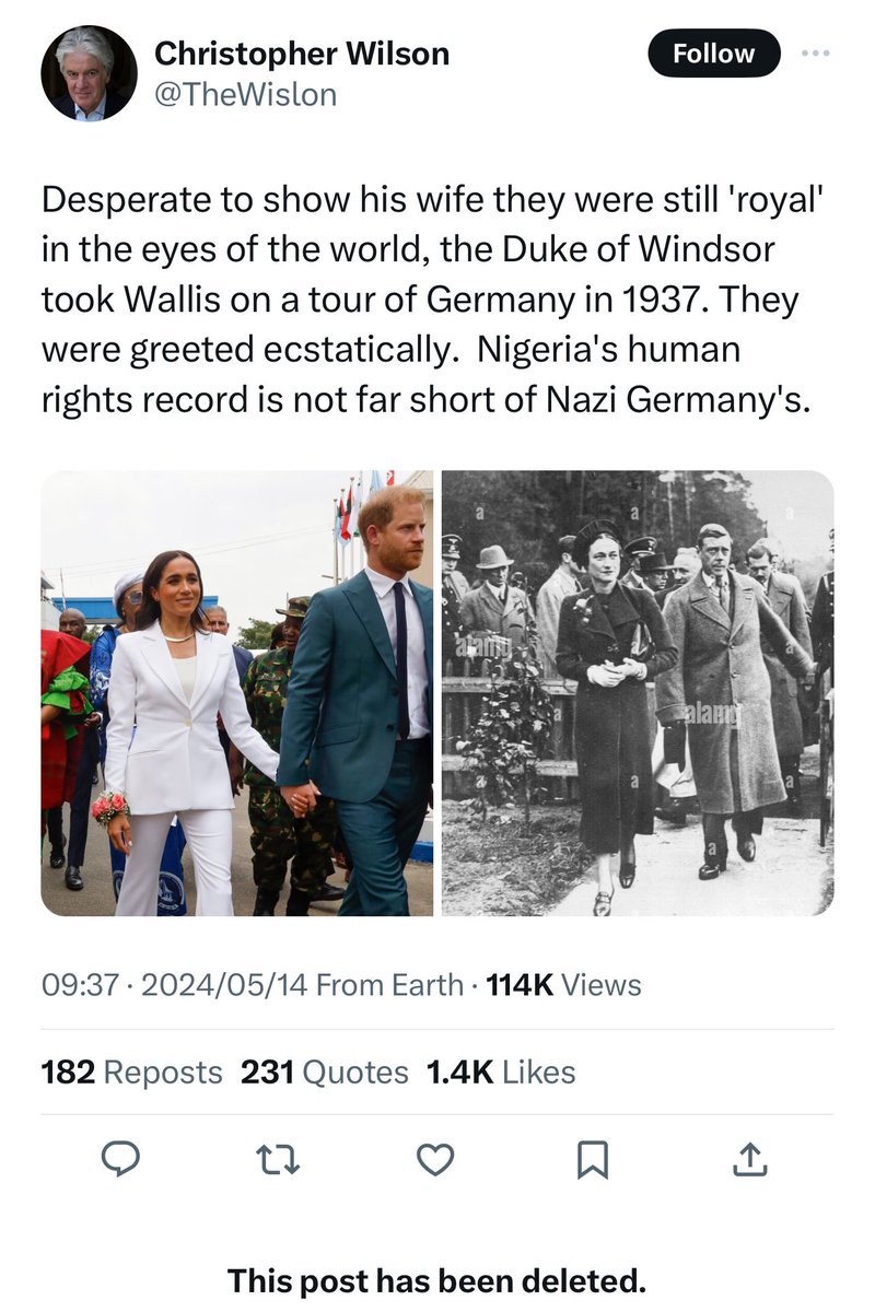 @simijourno How about the one where Harry and Meghan are Nazi sympathisers and Nigeria is akin to Nazi Germany? Yes, he tweeted this and kept it up for hours before deleting.