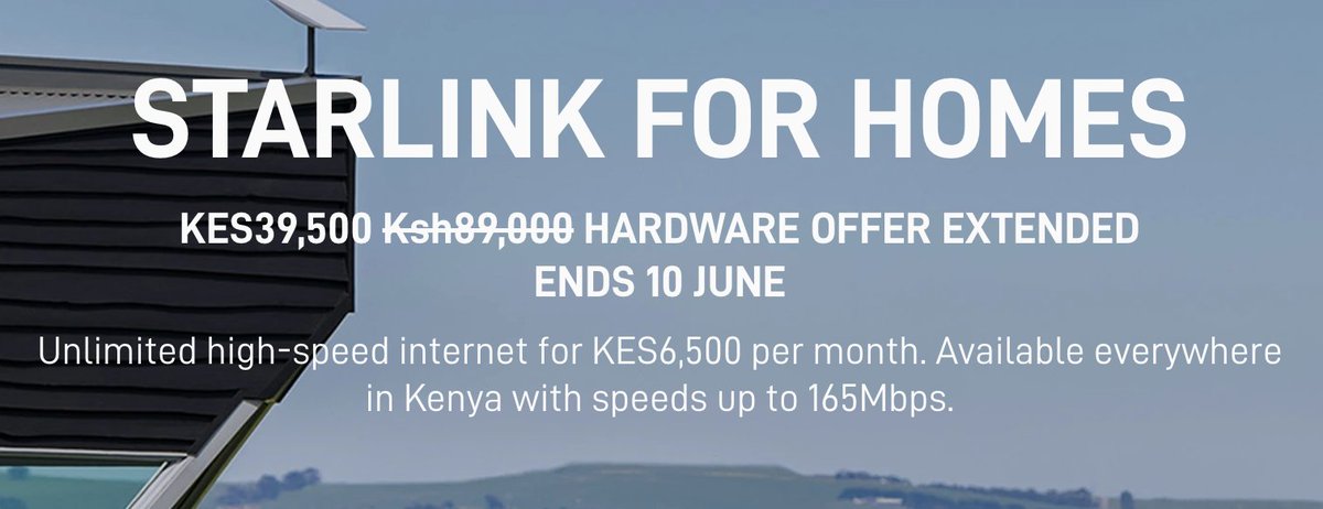 Starlink has extended its US$300 hardware promotion in Kenya to 10 June. Monthly payments are US$49 for uncapped internet at 165 Mbps. 100Mbps fibre is abt US$500/month in Zimbabwe. With this amount, you can buy the kit & pay for 1 month and have US$50 change.