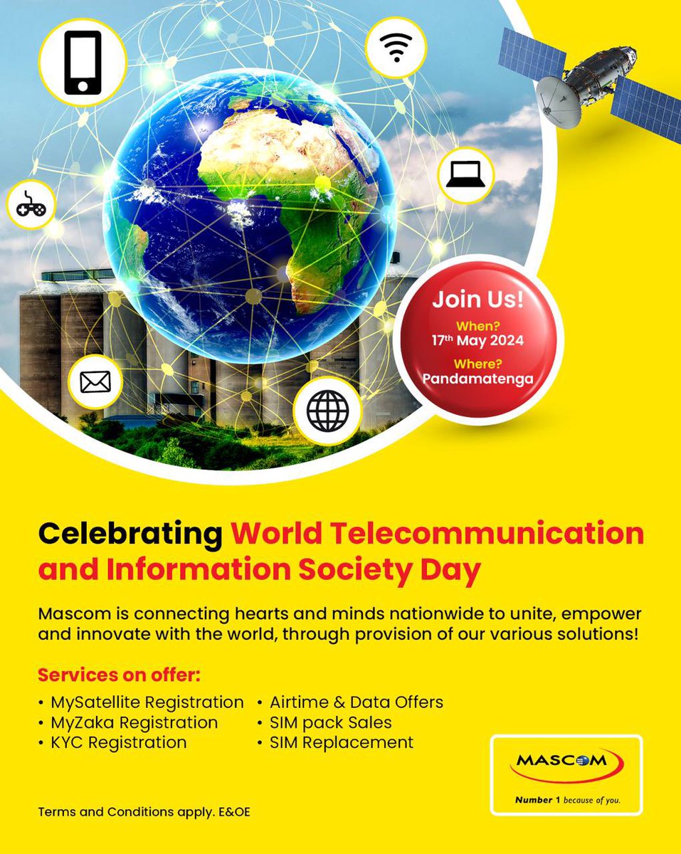 For World Telecommunication and Information Society Day, Mascom is proud to be at the forefront of connectivity and innovation. Join us at Pandamatenga on May 17th 2024, to learn more about our services and solutions. Let's unite, empower and innovate together!