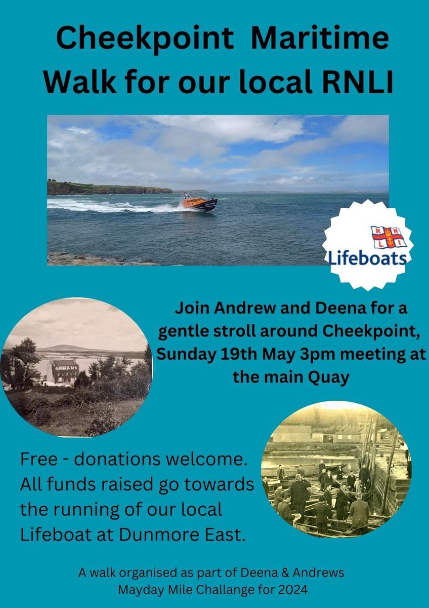 We are doing a Cheekpoint maritime history walk on Sunday at 3pm starting outside the Suir Inn. It's free, but any donations will go to our Mayday Mile fundraiser for the @DunmoreEastRNLI. Any rts appreciated 🙏 #RNLI