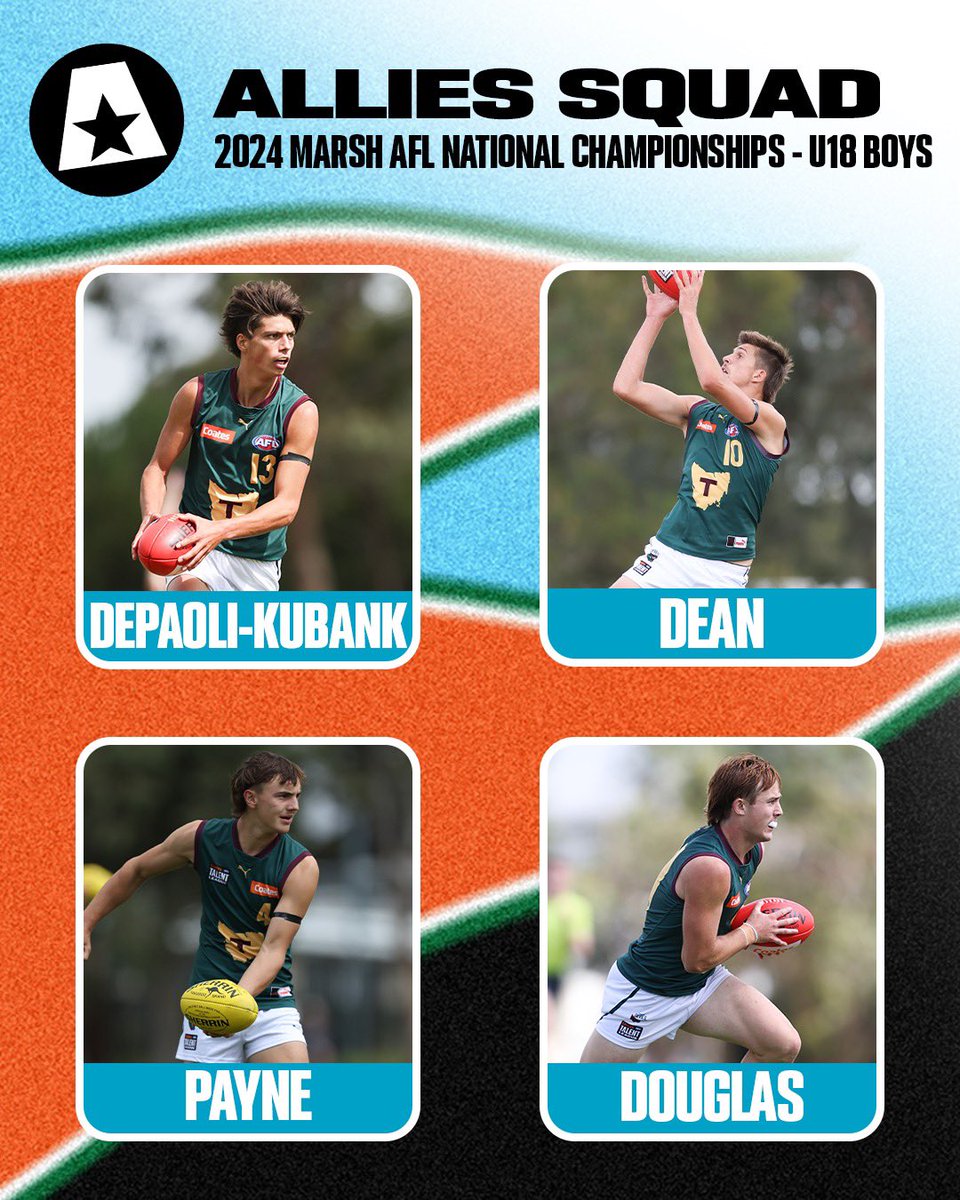 Congratulations to Oliver Depaoli-Kubank, Oliver Dean, Geordie Payne and Lenny Douglas, who have been named in the Allies squad for the 2024 Marsh AFL National Championships - U18! The Allies’ first game will be on Sunday June 2, with all games streamed live on the AFL website.