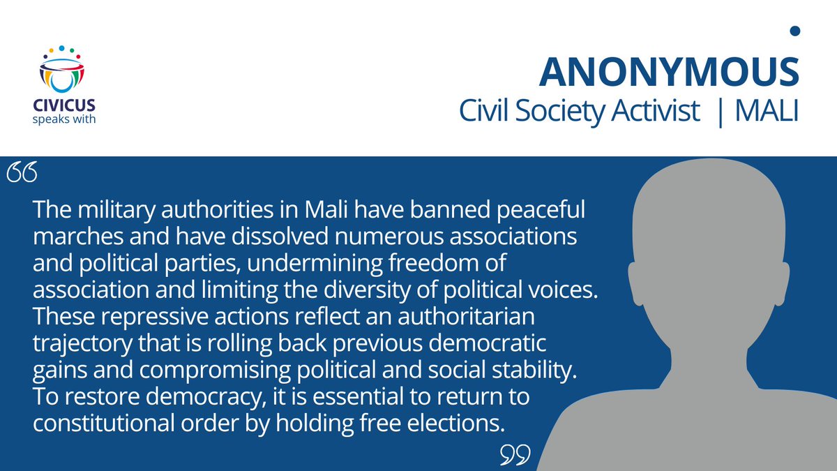 🇲🇱MALI: ‘Civil society demands a return to constitutional order through free elections’ says activist on growing repression of civil and political liberties and the consolidation of power by Mali’s military junta 🔗web.civicus.org/MaliActivist_EN #CIVICUSLens