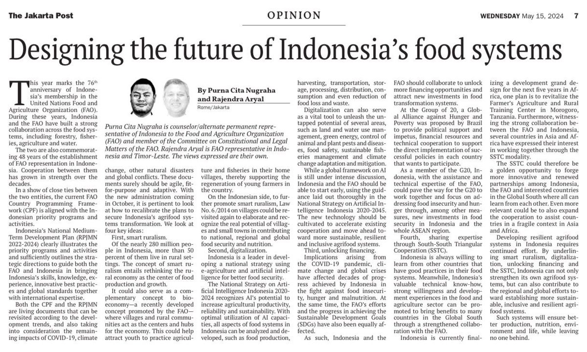 🌾 Celebrating 76 years of partnership! Read how @FAO and 🇮🇩 are shaping the future of #foodsystems with smart ruralism, digitalization, and innovative financing; through the latest @jakpost op-ed by @AryalRaj1 and Purna Nugraha: tinyurl.com/2fu6s474.