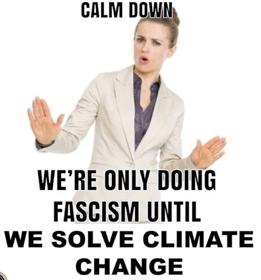 Calm down. We are only doing fascism until we solve climate change.