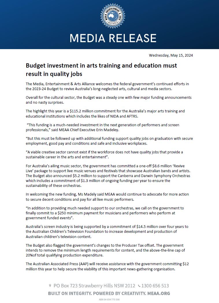 Media release: MEAA welcomes the federal government’s continued efforts in the 2023-24 Budget to revive Australia’s long-neglected arts, cultural and media sectors. meaa.org/mediaroom/budg… #MEAAmedia #MEAAequity #MEAAcrew #MEAAmusicians #Budget #auspol