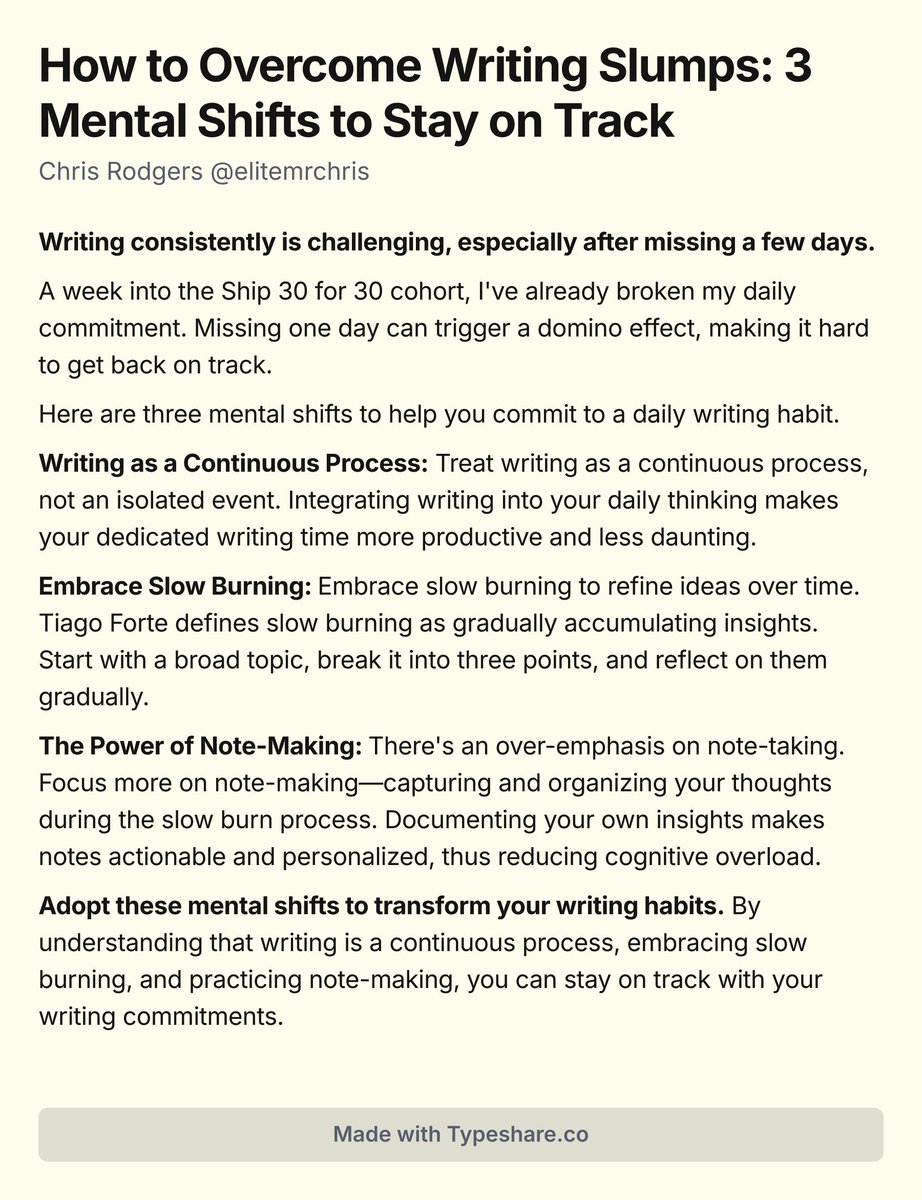 How to Overcome Writing Slumps: 3 Mental Shifts to Stay on Track

#ship30for30 #buildinpublic