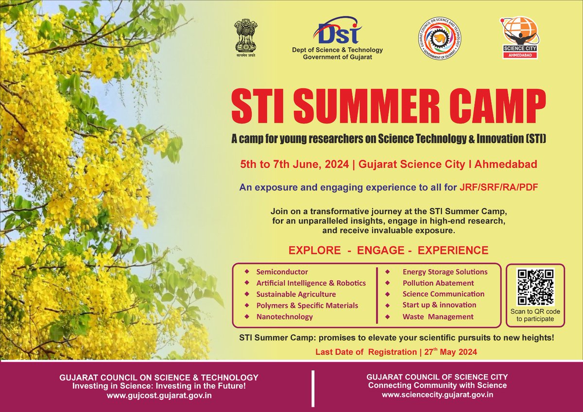@RscPatan invites all #Researchers to Join #STISummerCamp of #GUJCOST @GujScienceCity from June 5-7, 2024. Get ready to dive into new research, explore your research knowledge & take your research skills to the next level. Don’t miss out! Scan QR to register. @InfoGujcost