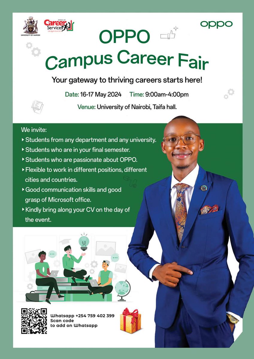 OPPO CAMPUS CAREER FAIR AND RECRUITMENT - MAY 16 - 17, 2024 from 9.30am in Taifa Hall Carry Your CVs ◾Gift Hampers for final Year students ◾Job and Internship Opportunities to be filled #CareersOpportunities #StudentLife