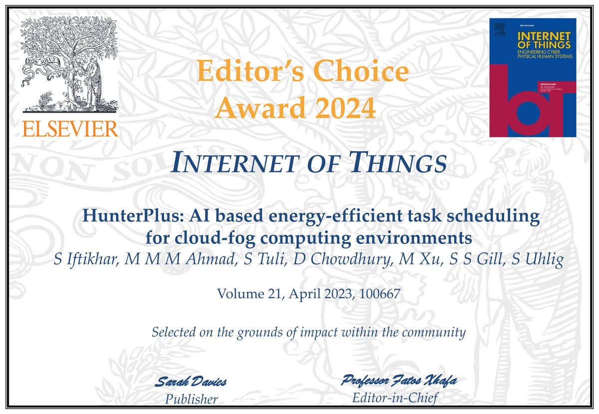 iamssgill's tweet photo. 🏆 Honoured to share that we won amazing #Elsevier #IoT Editor’s Choice Award 2024 🎖 for our article #HunterPlus, selected based on high quality &amp; its high impact in the community.

#qmul #research #Journal #academic #researcher #PhD #postodoc #award  #AI  #science #university https://t.co/kcGbOYHXHB