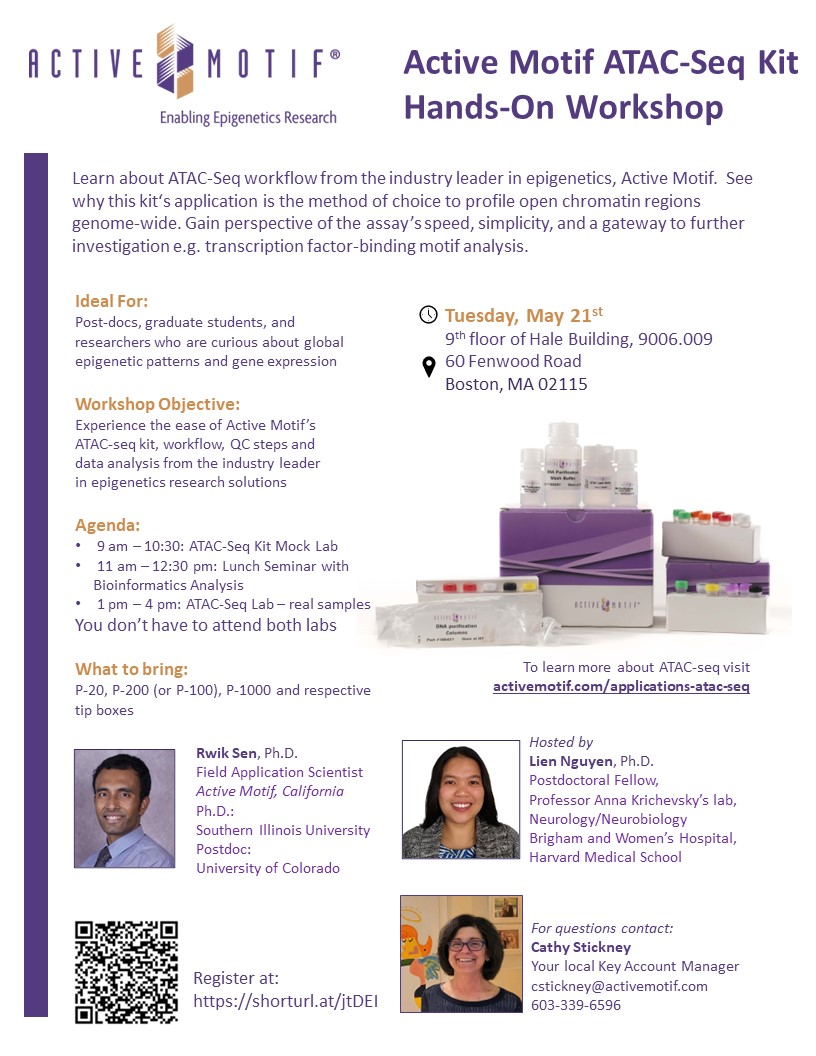 RwikSen's tweet photo. Hello Boston! We're hosting a hands-on workshop on @activemotif ATAC-Seq kit and #epigenetics Lunch &amp; Learn seminar next week at Brigham &amp; Women's Hospital. Looking forward to seeing you. Links: 
➡ Lunch &amp; Learn Seminar https://t.co/kAjKdzr3MG
➡ Workshop https://t.co/uAXZO5VX0H https://t.co/3NiRVhJUvO