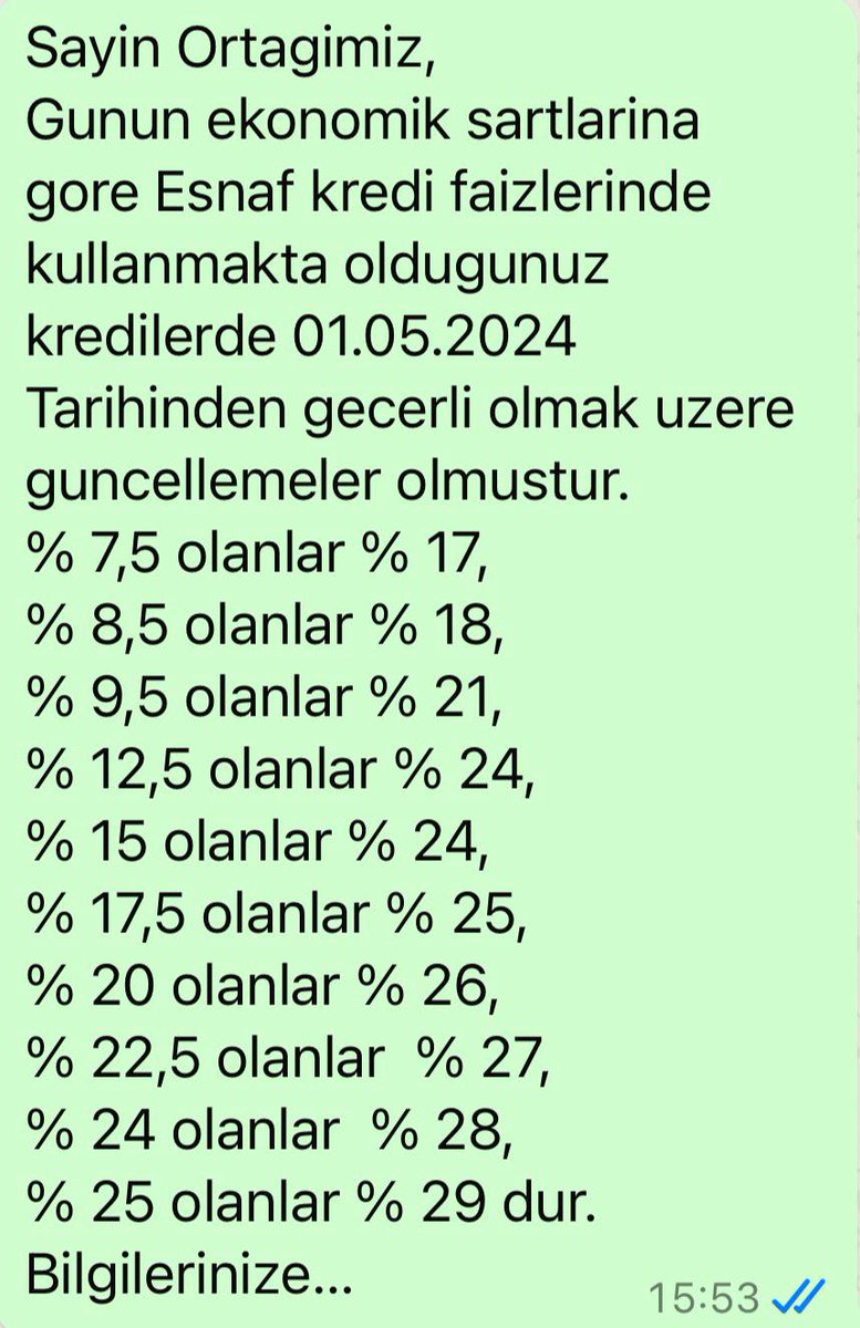 Esnaf kefalet koop kredilerinin faiz oranlarını arttırdılar. Mevcut kullanılan kredilerin taksit tutarları arttı. Esnafın sırtından inmediler! Açık kredinin oranı değişir mi!! @EbruBaki @Deniz_Zeyrek