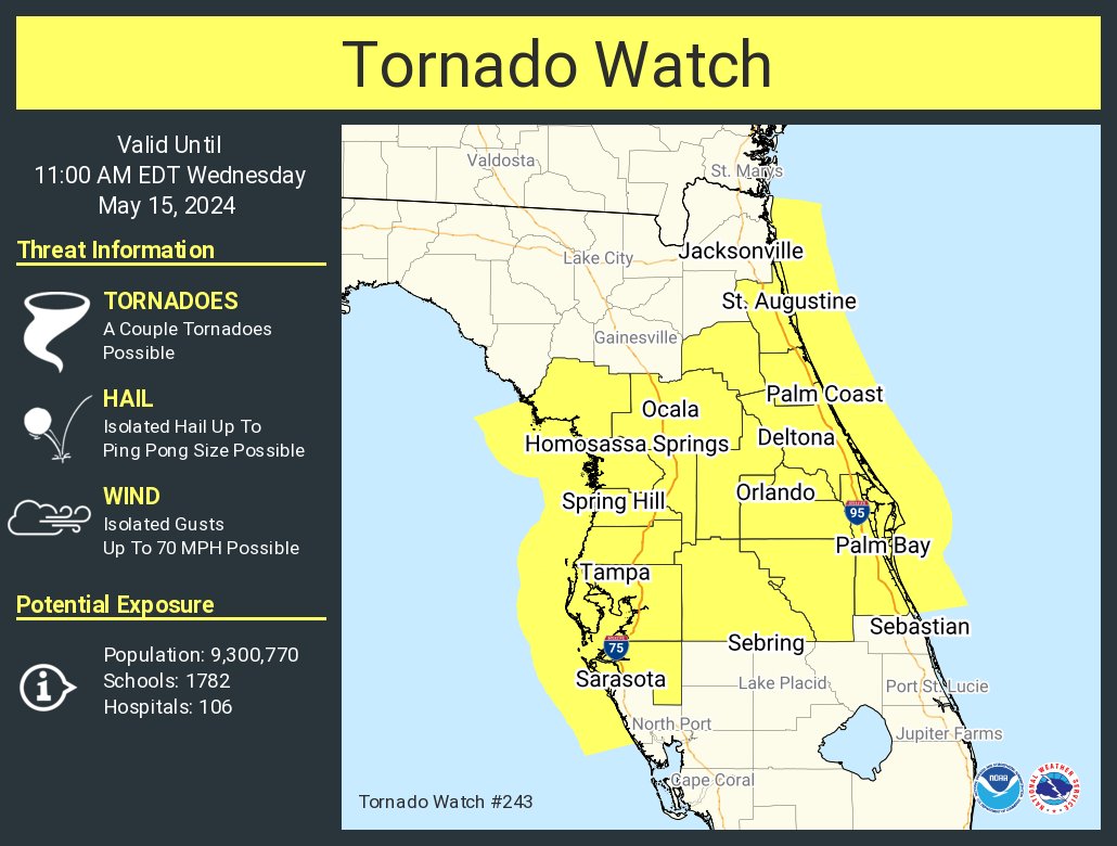 A tornado watch has been issued for parts of Florida until 11 AM EDT