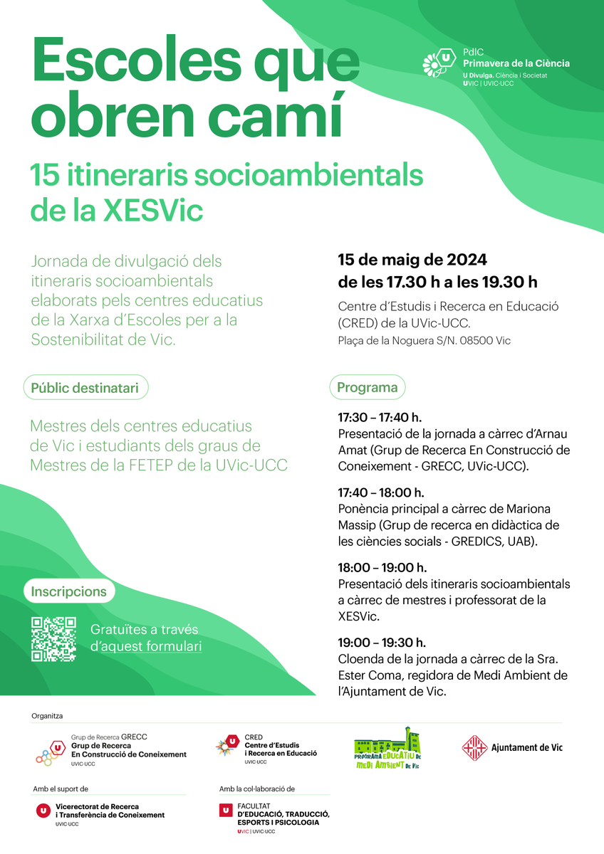 vic_mediambient's tweet photo. ✋🏻Avui dimecres 15 de maig la jornada oberta de divulgació d' itineraris socioambientals elaborats pel professorat participant de la #XESVic
🗒️17:30 a 19:30h a @UVic_CRED Plaça de la Noguera / Pg. Generalitat, 22
👉🏻Encara podeu venir, inscripció gratuïta: https://t.co/PV4bnxYczL https://t.co/eeH0tCIruN