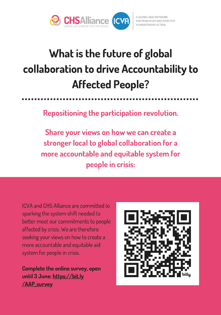 What is the future of collaboration to drive accountability to affected people? @ICVAnetwork & @CHS_Alliance have launched a survey to gather insights on enhancing local to global collaboration for a more accountable humanitarian system. Take the survey. surveymonkey.com/r/K8GRXKJ