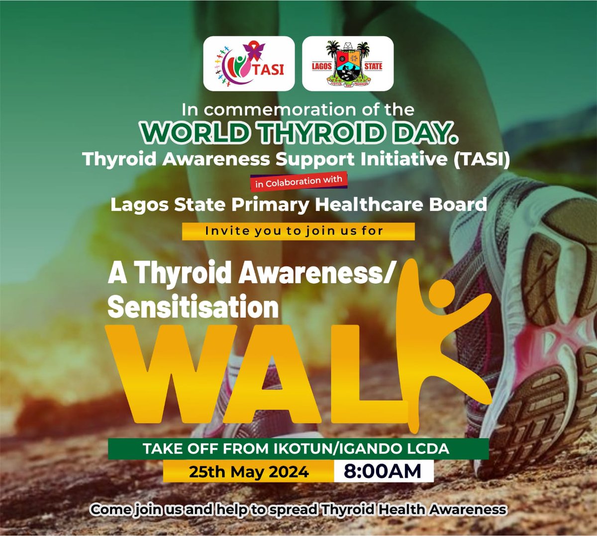 In commemoration of the International Thyroid Awareness week and World Thyroid Day, TASI invites you to partner and walk for thyroid awareness to promote thyroid health and support people suffering from thyroid diseases. Please donate to support Details on flier.