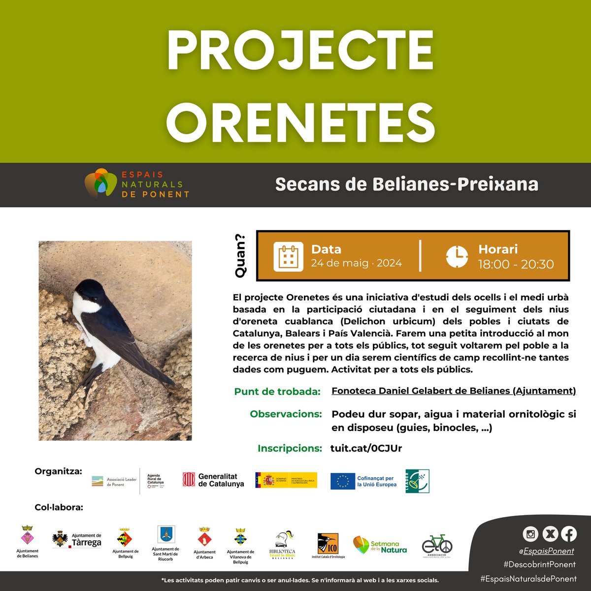 ⚠️ PROPERES ACTIVITATS D’ESPAIS NATURALS DE PONENT:
 
 🔴 “Projecte Orenetes”
 📅 Divendres 24 de maig – 18:00 a 20:30
 📍 Secans de Belianes – Preixana
📄 Marxa Ecològica i per la Pau

📝 Podeu inscriure-us a les activitats: tuit.cat/0CJUr