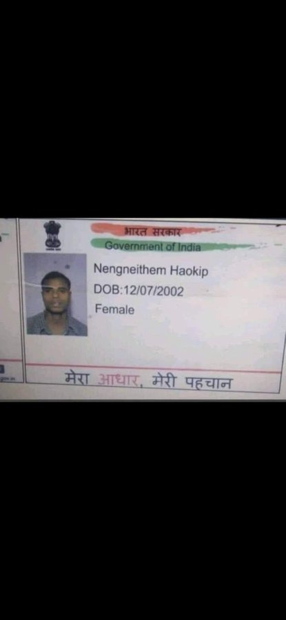 im_dyna4's tweet photo. Kuki used a fake Aadhaar card and they couldn't even get the gender right🤣. What a shame. #FakeID #AadhaarFail

#Manipur #shamelesskuki #kukifakeid #AadhaarFail #kukiFakeID https://t.co/CDXHnENuwY