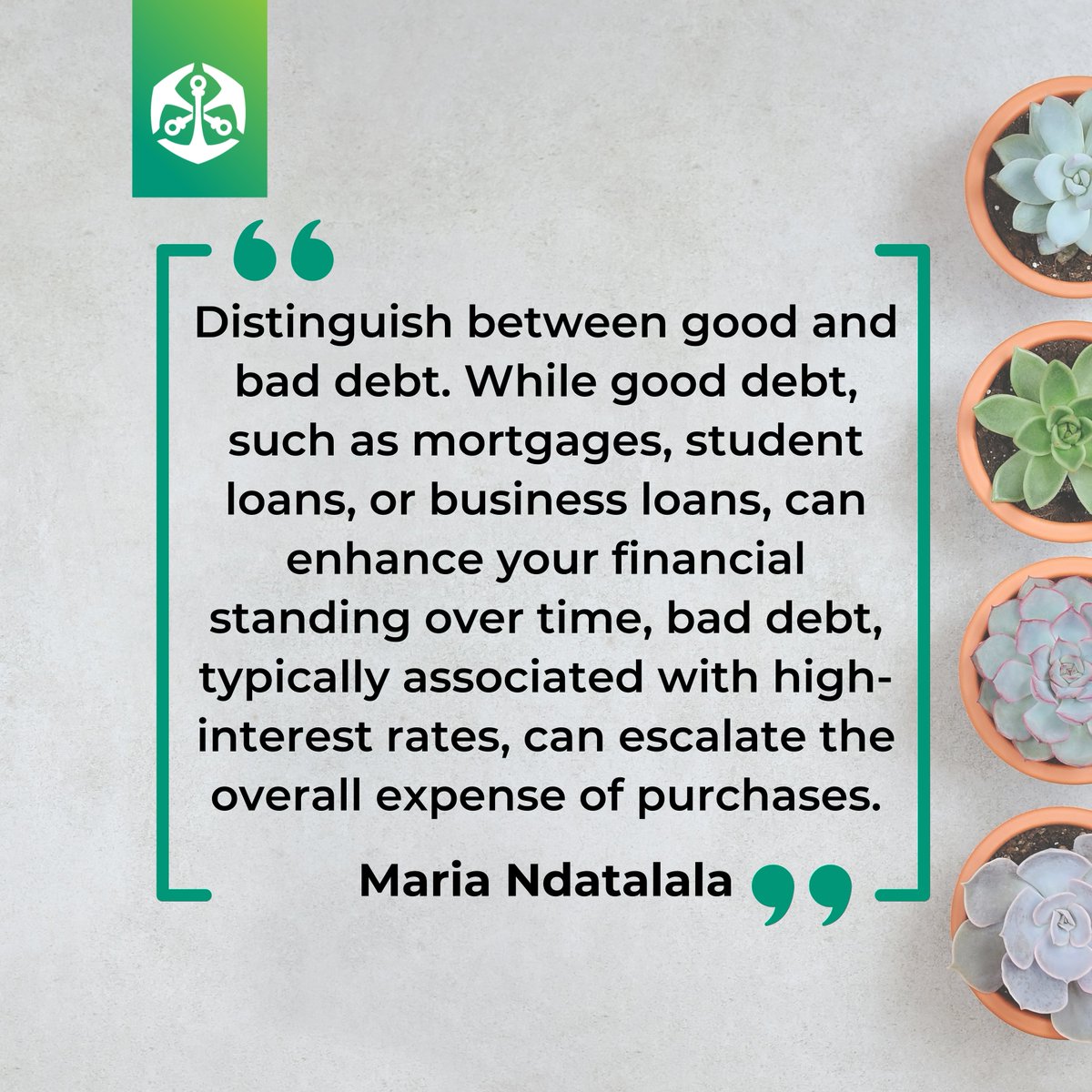 Wednesday Financial Insight: Maria Ndatalala shares wisdom on distinguishing good from bad debt. Make informed financial decisions with Old Mutual Namibia. 

#FinancialInsight #OldMutualNamibia