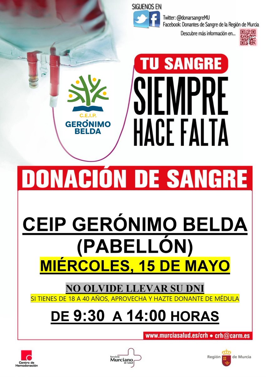 🩸Buenos días y #FelizMiércoles hoy se celebra el #DíaInternacionaldelasFamilias 👩‍👩‍👧‍👧y os invitamos a #DonarSangre #RegalarVidas en el #CeipGerónimoBelda de #Cieza que nos abre sus puertas a la solidaridad y generosidad, os necesitamos!!! ⬇️