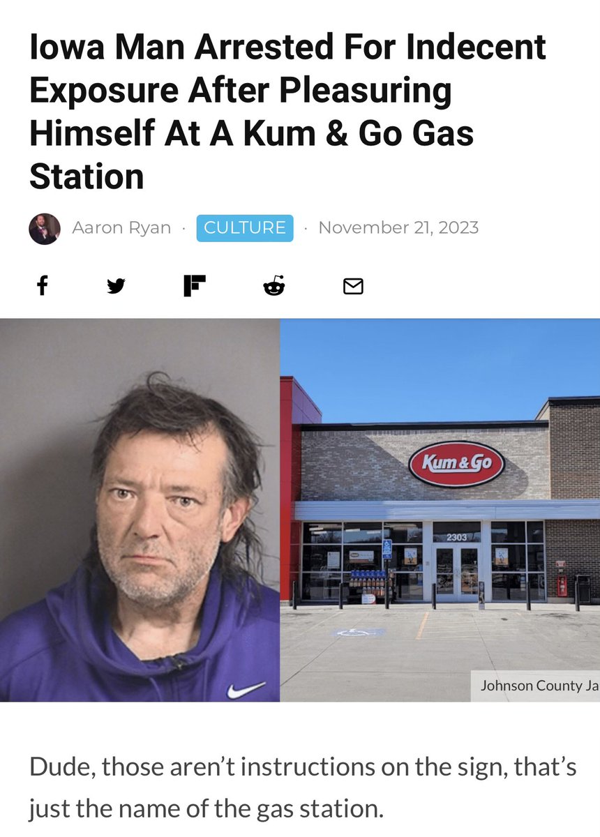 Stellaaa's tweet photo. Kum & Go: first he came, then he wentโฆto jail.
#KumAndGo #GasStationPervert https://t.co/WflrsYyEZt