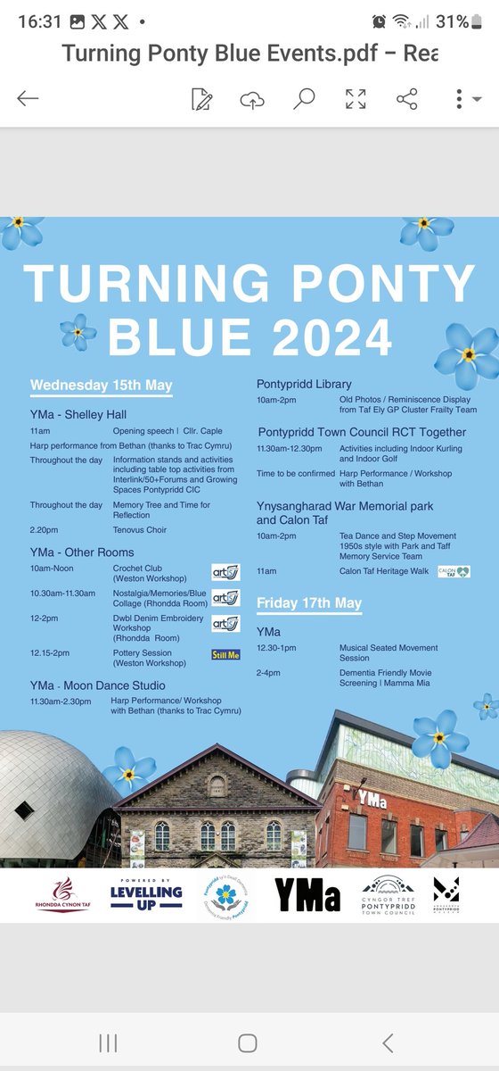 Its Turning Ponty Blue day!!! Join us and over 20 organisations , services and community groups across 3 venues. YMA, library, museum and outdoors at Ynysangharad War memorial Park bandstand. A warm welcome awaits.. #DAWPONTY2024 #CTMDAW24