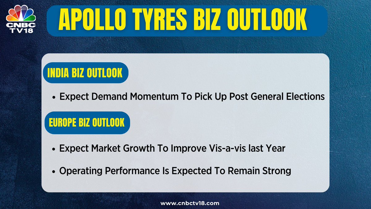 #ApolloTyres Business Outlook ⚡️👇 >>For its India business, co expects demand momentum to pick up post general elections >>For its Europe business, co expects market growth to improve vis-a-vis last year