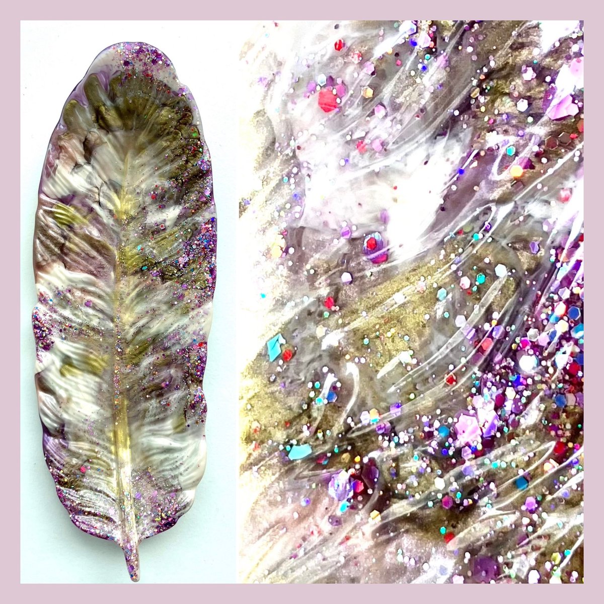 Excited to share this pretty resin lilac, gold & glitter feather dish tray. Perfect for trinkets, jewellery, reading glasses & more. The ideal gift to give: muresindesigns.etsy.com/listing/168293… #earlybiz #elevenseshour #CraftBizParty #etsy #handmadegift #resin #giftidea