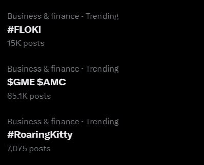 #FLOKI is trending on X alongside $GME, $AMC, and #RoaringKitty!

This trend is fueled by the ongoing hype surrounding meme stocks like GME and AMC. 

Floki has always embraced meme culture, positioning itself as one of the leading #memecoins in the crypto industry.