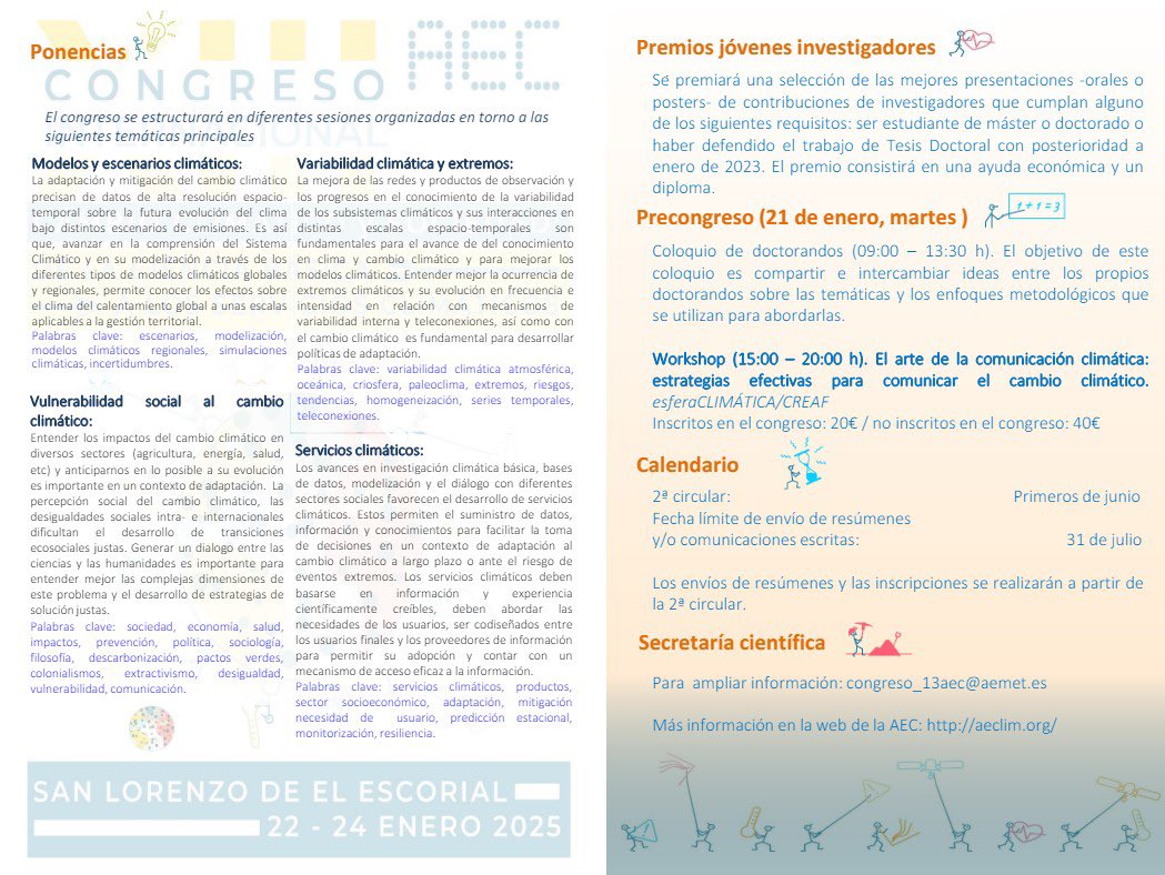 ¡Apunta esta cita en tu calendario!🗓️👇🏾

🌡️⛈️XIII Congreso Internacional de la <a href="/aeclim/">Asociación Española de Climatología</a> “Cambio climático y sociedad: de la ciencia básica a los servicios climáticos” que se celebrará del 22 al 24 de enero de 2024 en San Lorenzo de El Escorial.