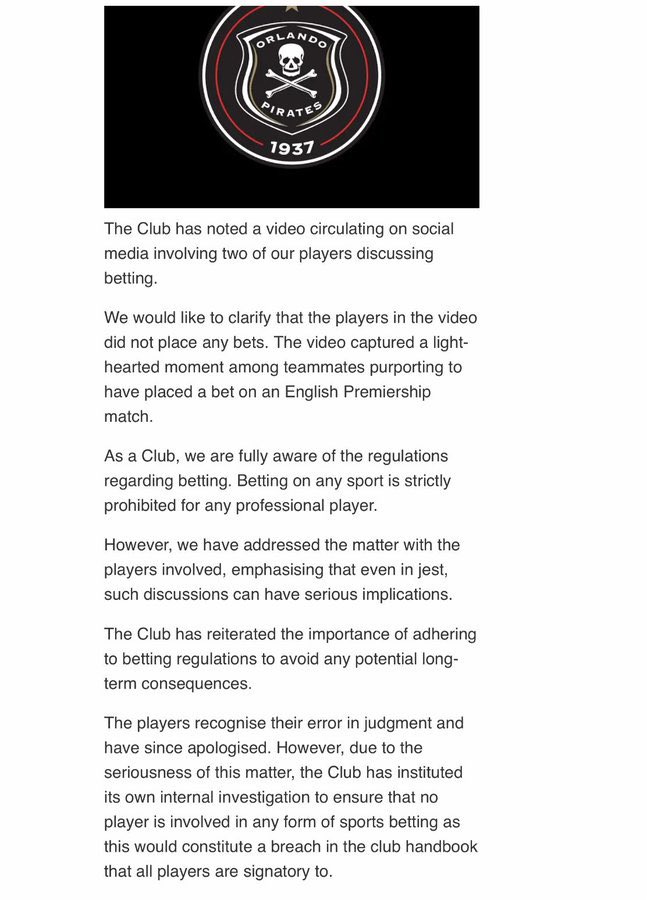 𝗣𝗜𝗥𝗔𝗧𝗘𝗦 𝗦𝗧𝗔𝗧𝗘𝗠𝗘𝗡𝗧 ☠️ 

“We would like to clarify that the players in the video did not place any bets.”

Orlando Pirates have responded to a video circulating on social media, where some players appeared to discuss betting.