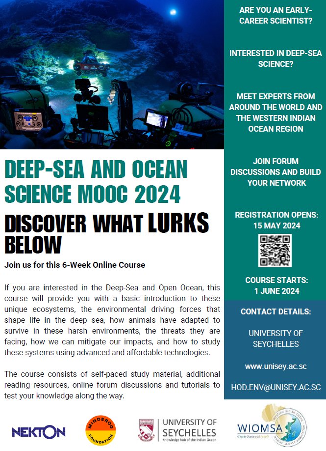 🪸#DeepSea & #OceanScience #MOOC
6-week online course
🔸Learn about unique ecosystems
🔸Explore cutting-edge research technologies
🔸Network with global experts 
Starts 1 June
@UniofSeychelles @nektonmission @minderoo @wiomsa  
sancor.nrf.ac.za/Documents/2024…