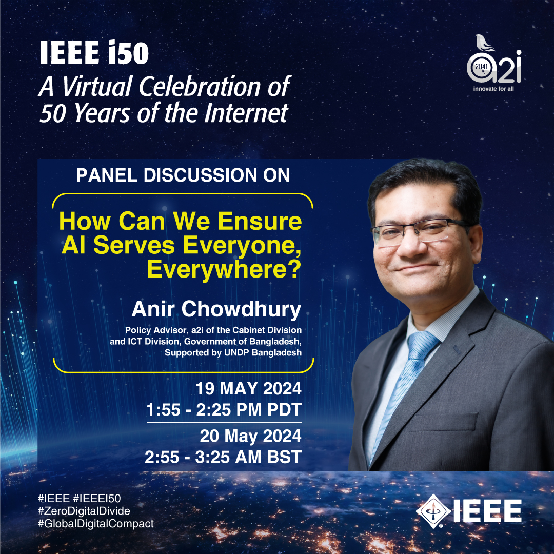a2i_bd's tweet photo. Join @anirchowdhury, to know his insights at the Panel Session–‘How Can We Ensure AI Serves Everyone, Everywhere?’ hosted by @IEEEorg & @PCI_Initiative.
Register🔗https://t.co/TVgjTxzb88
#SmartBangladesh2041 #ZeroDigitalDivide #GlobalDigitalCompact #IEEE #i50 #IEEEi50 #AI https://t.co/8Nm4FoImHc
