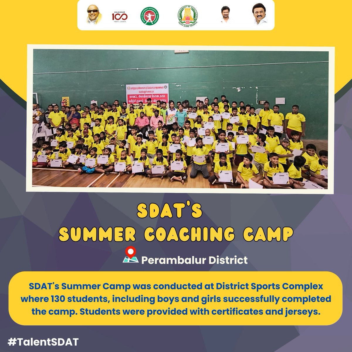 SDAT's Summer Coaching Camp was conducted at various District Sports Complexes and students who successfully completed the camp were provided with certificates and jerseys.

@CMOTamilnadu @Udhaystalin @TNDIPRNEWS

#SportsTN #TalentSDAT