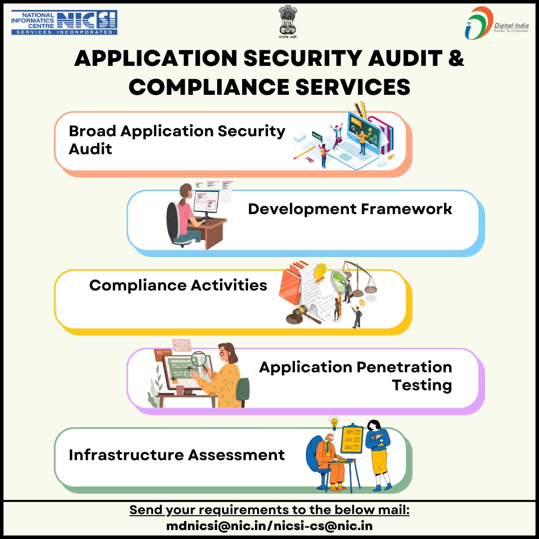 NICSI offers Application Security Audit & Compliance services👇
@NICMeity @GoI_MeitY @_DigitalIndia
#NICSI #compliance #servicepost #services #offers