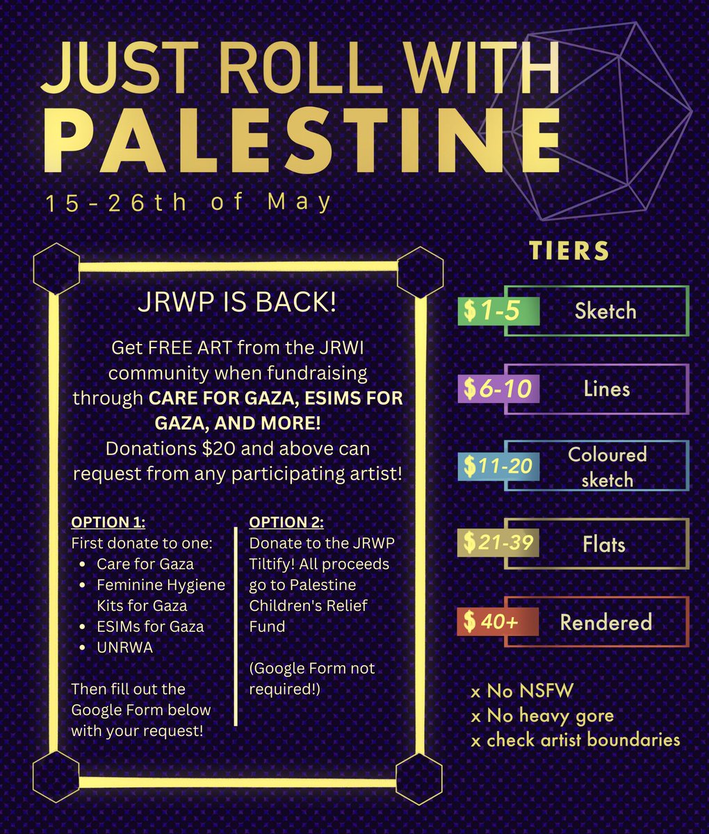 🍉🍉🍉 Hey everyone, #JustRollWithPalestine is back! From May 15-26th, you can get FREE ART by donating to one of the following below! Any amount appreciated, and even if you can't donate, spread the word!