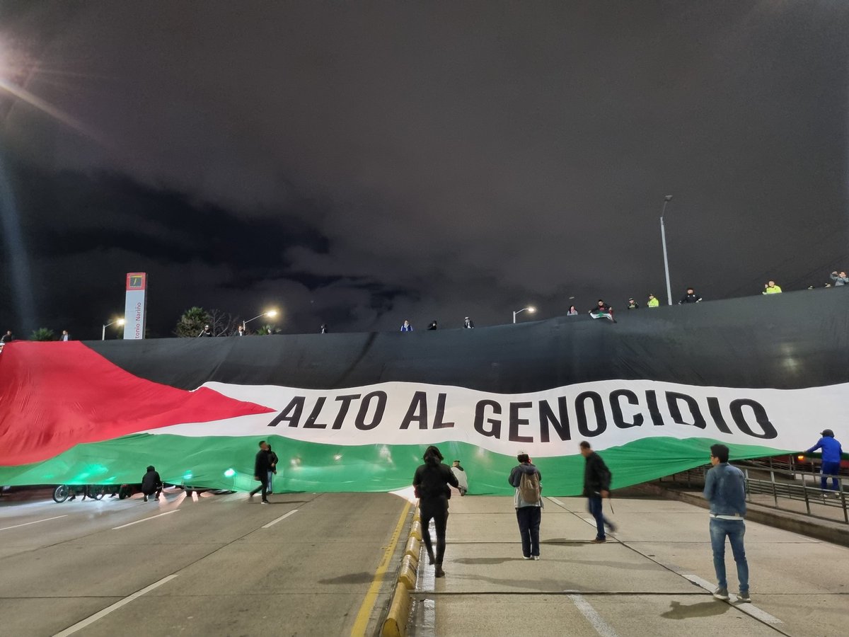 In a powerful show of solidarity with the Palestinian people, a massive flag is proudly raised outside El Campín Stadium, Colombia. 🇵🇸