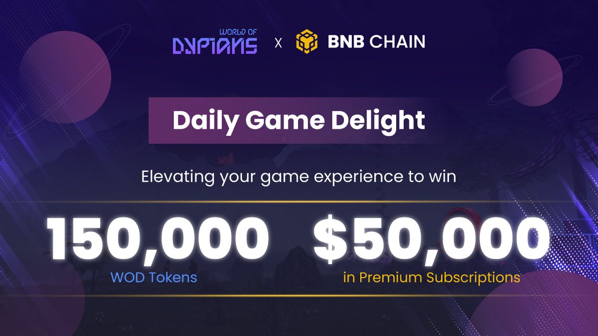 🚀 Get ready for more excitement in World of Dypians!  

🎉 Join the Daily Game Delight Campaign on the @BNBCHAIN Airdrop Alliance Program. Win a share of 150,000 WOD Tokens & 500 Premium Subscriptions worth $50,000! 

Complete the following tasks:

- Login or create a game…