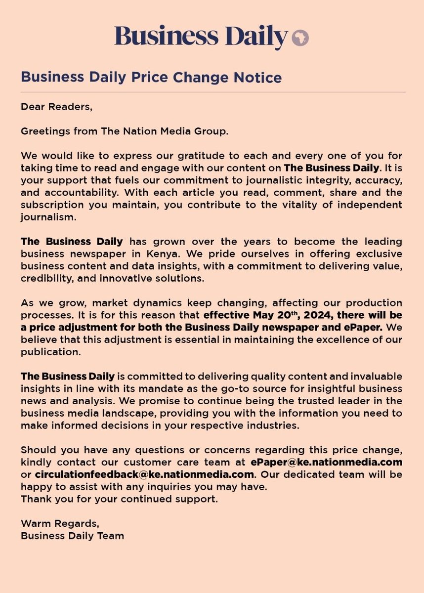 Even 'Safaricom Daily' intends to increase prices? This will sink the little readership left. Almost no one reads hard copy newspapers unless they are produced free by GoK or employers. 📌 While it can be understood that hard copy prices can be adjusted, what is the basis of…