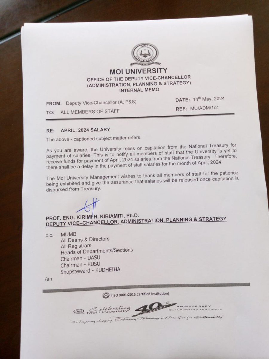 C_NyaKundiH's tweet image. Hallo Cyprian, Please highlight our plight as Moi University employees. Every month our salaries are delayed this way. Today is 15th and we dont even have hopes of being paid. We are suffering, people hav been chased by landlords, debtors on our backs, children chased from…