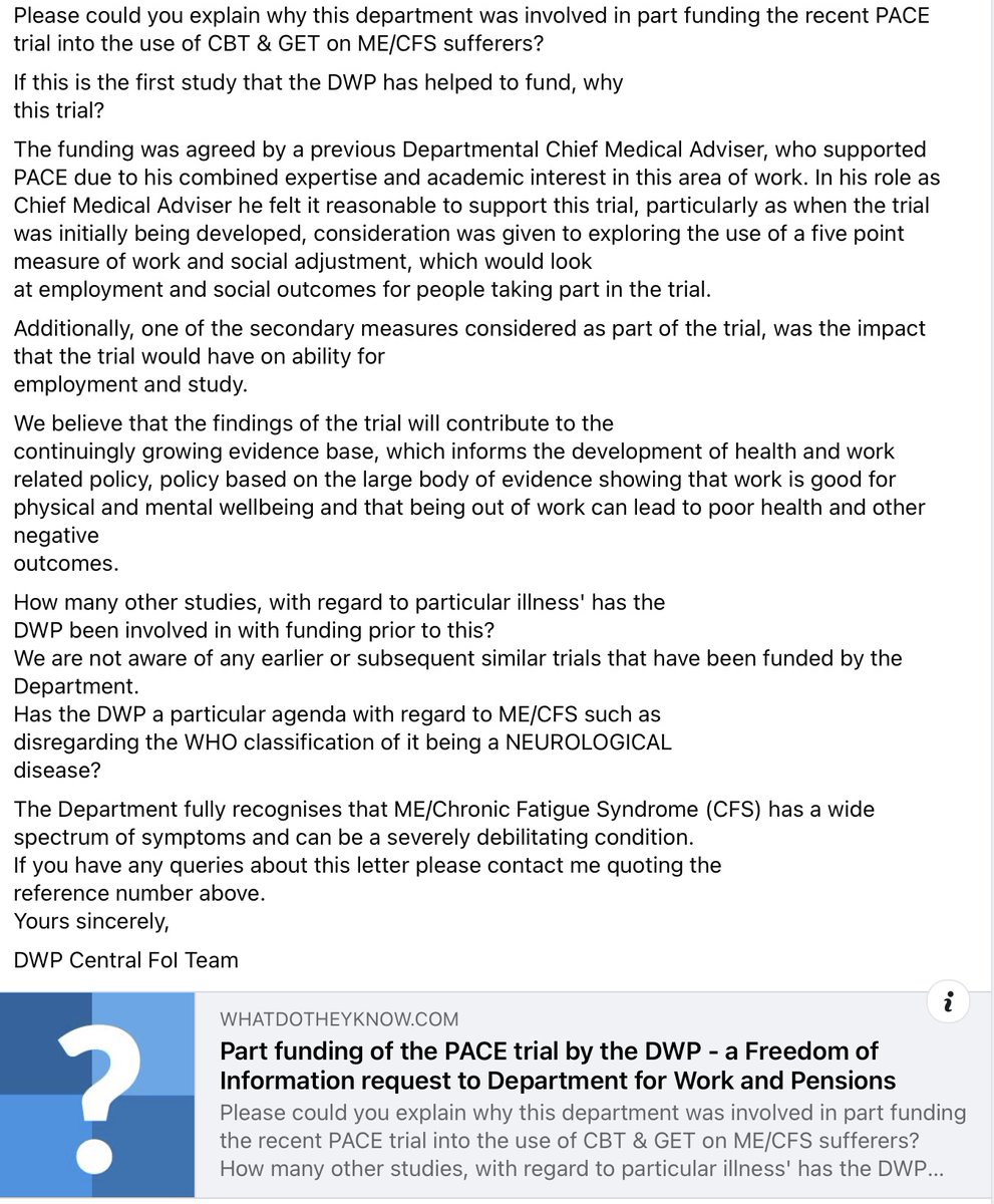 A friend asked the @DWPgovuk why they part funded the #pacetrial and if they had funded any other trials for any other diseases and if they had an agenda #MEAwarenessWeek