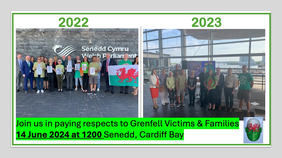 We call on all elected @SeneddWales @cardifffcouncil @SwanseaCouncil elected representatives to join us on 14 June 2024 at 1200 @SeneddWales to pay 🏴󠁧󠁢󠁷󠁬󠁳󠁿respects to the victims who lost their lives in the #Grenfell Tragedy. Diolch y fawr. @GrenfellUnited @officialJ4G @ITVWales