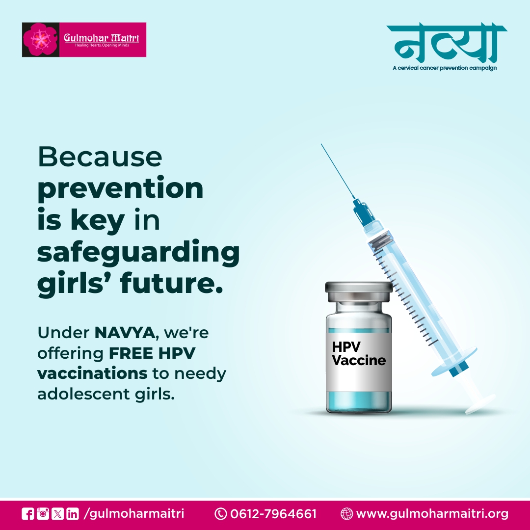 Empowering girls for a healthier tomorrow! 
Join Gulmohar Maitri's NAVYA campaign as we provide FREE HPV vaccinations, ensuring every adolescent girl has access to essential prevention measures. Let's support and safeguard their futures together. #GulmoharMaitri #HPVVaccination